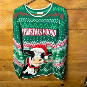 Holiday Time Green Red Festive Ugly Cow Sweater XL Christmas Moood Bell Holidays